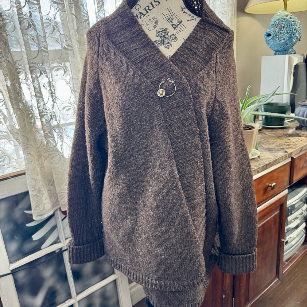 PEI Hand Knit Cozy Brown Cardigan Sweater with Deep V-Neck